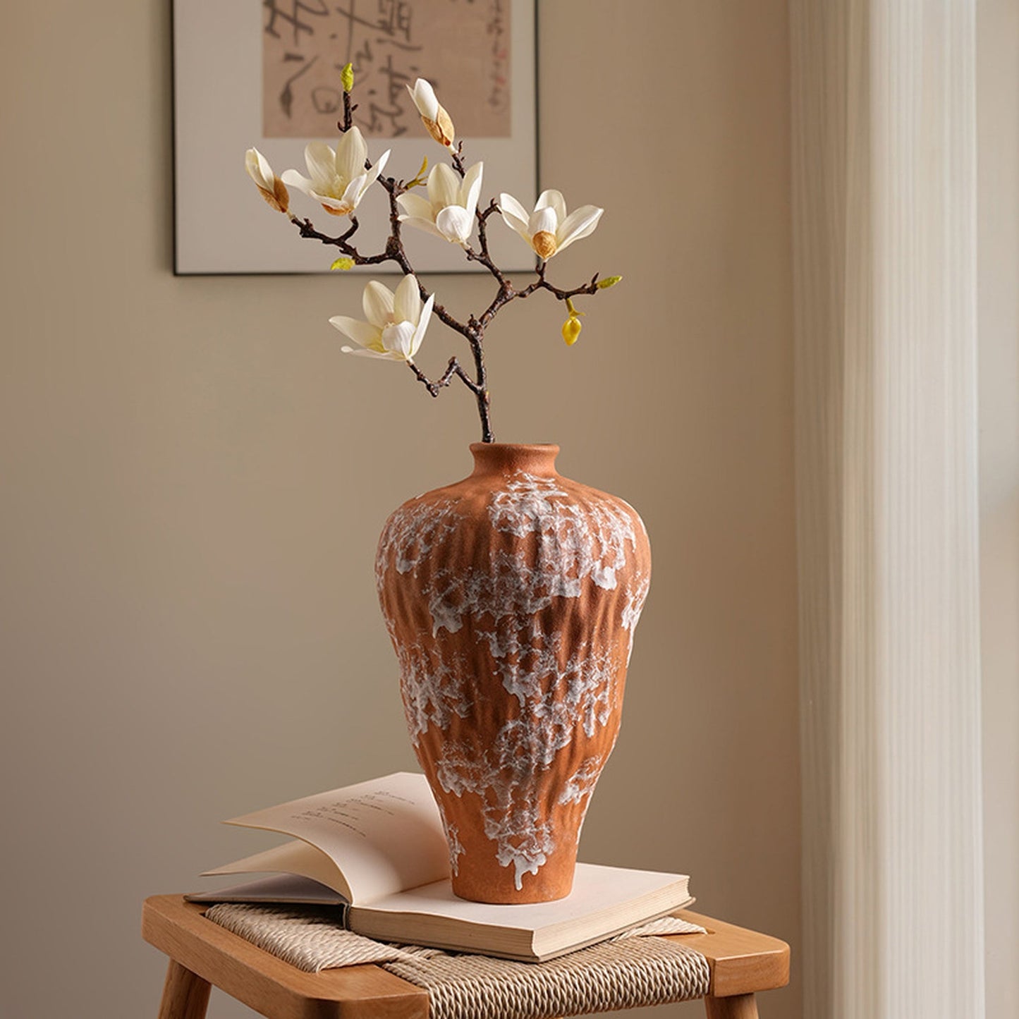 Terra Veil ceramic table vase styled with magnolia branch