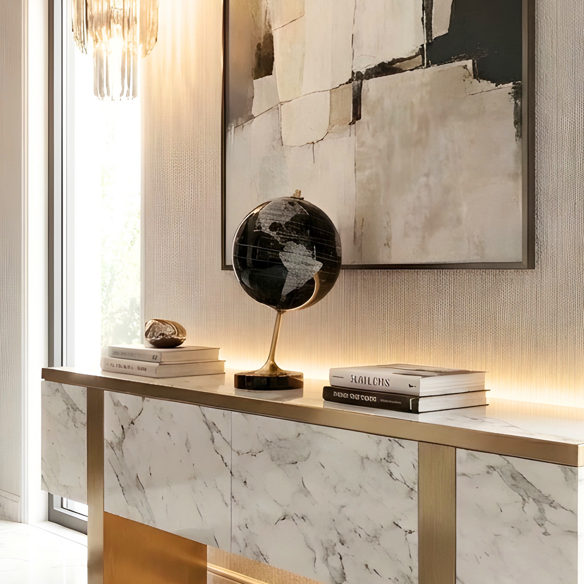 The World globe showpiece styled with books and wall art