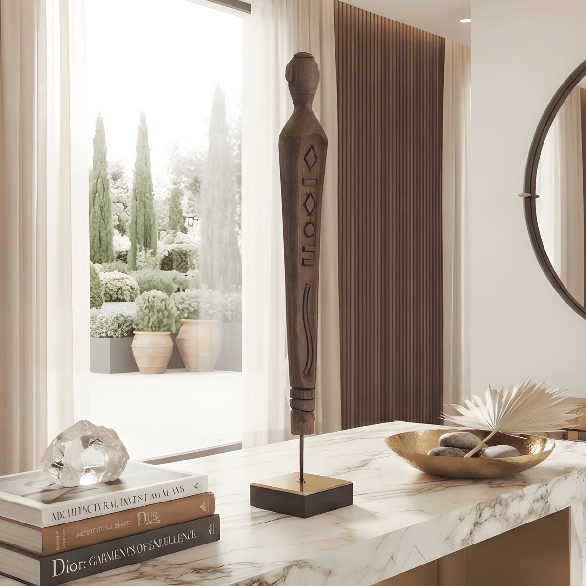 Guardian resin human figurine styled in a modern living room