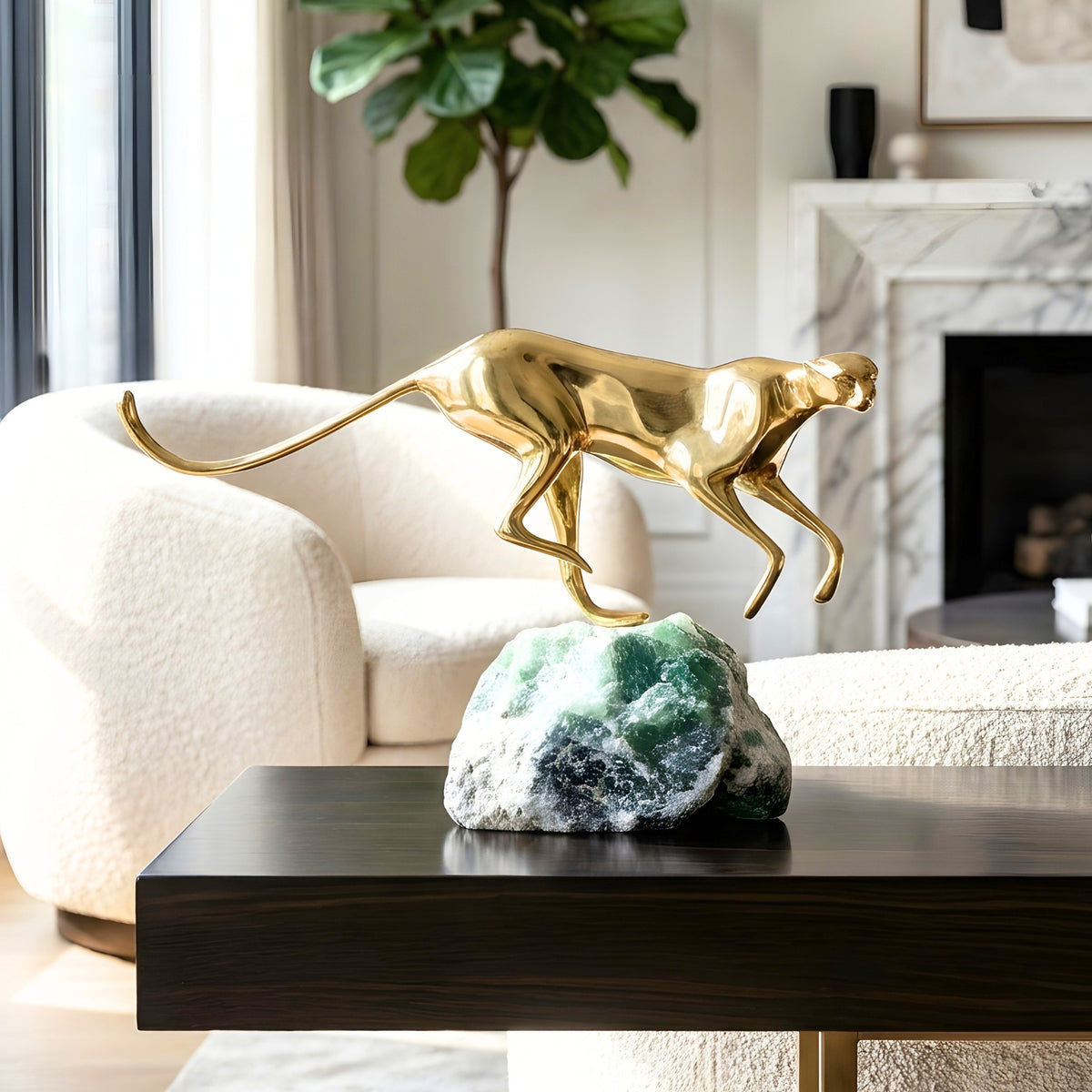 Velocity brass wildlife sculpture on green natural stone for luxury living room and console styling, view 2