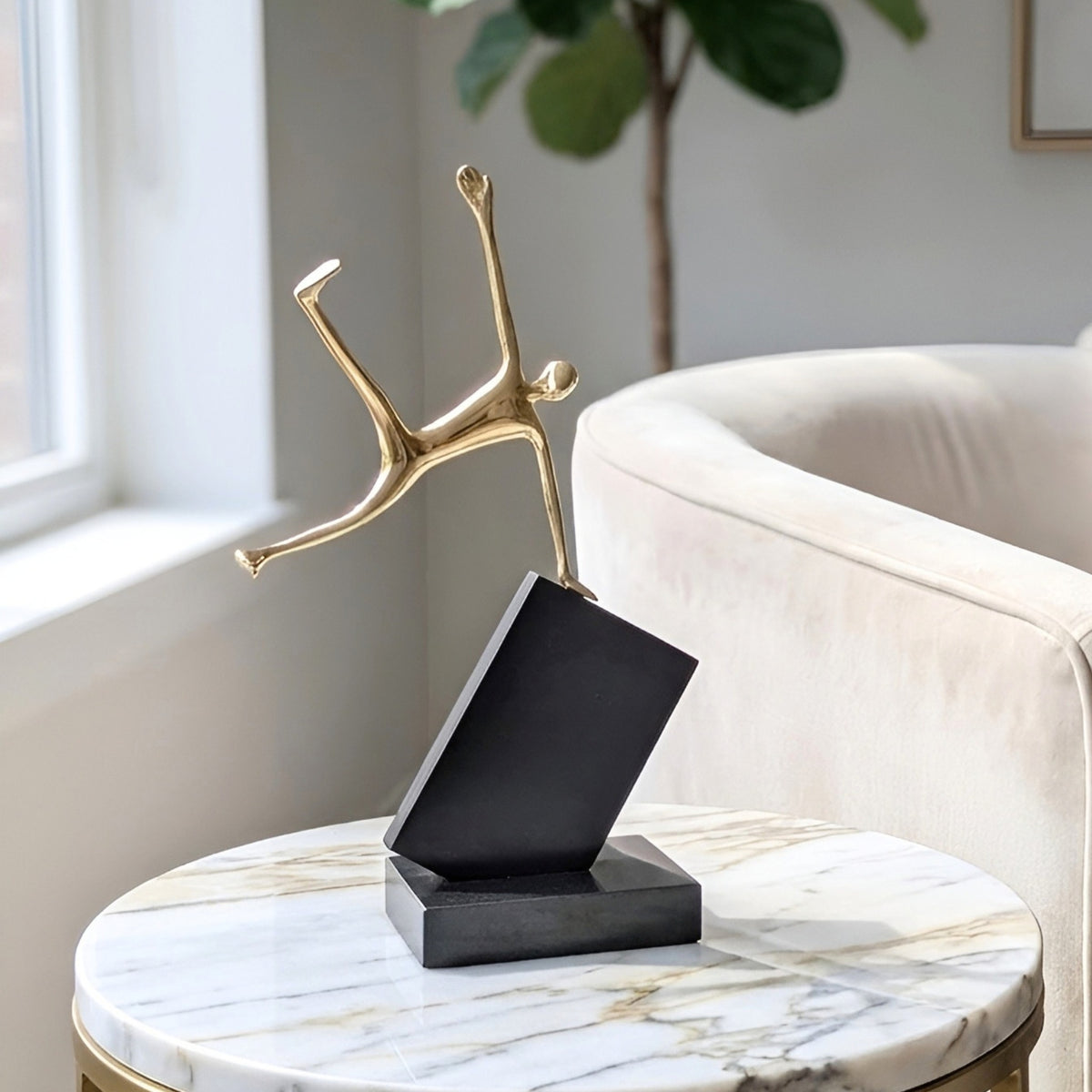 Velocity Jumping metal figurine styled beside an armchair