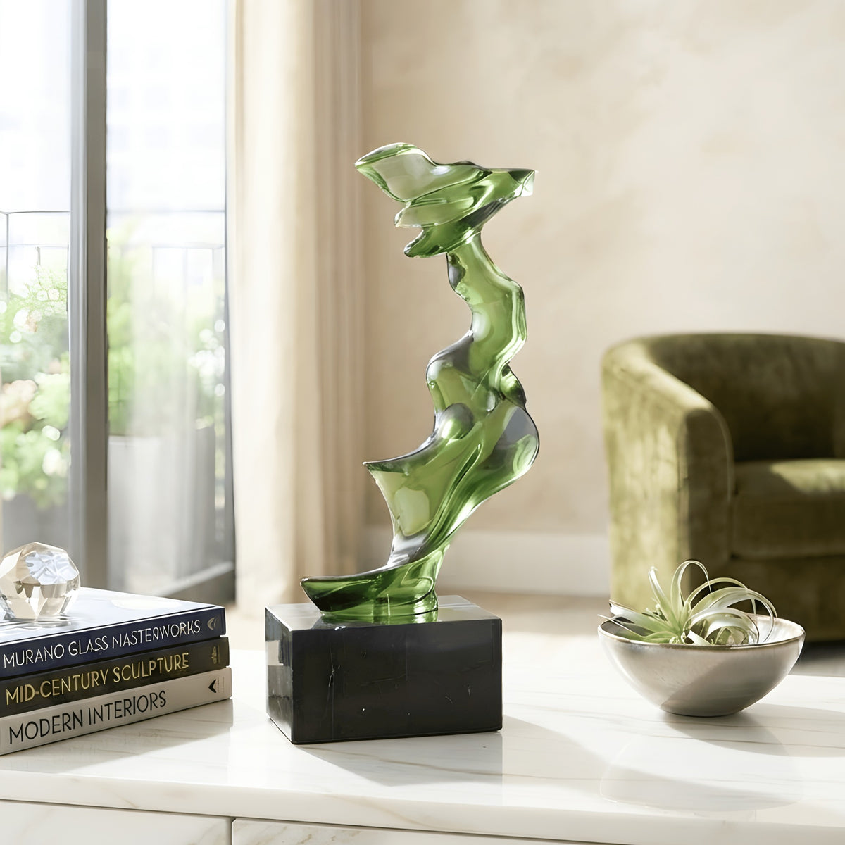 Marea green resin showpiece styled on a modern sideboard
