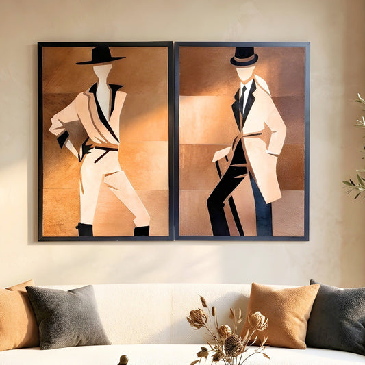 Vogue bovine leather fashion wall art pair styled above a sofa in a modern living room