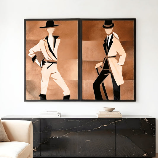 Vogue bovine leather fashion wall art pair styled above a black marble console